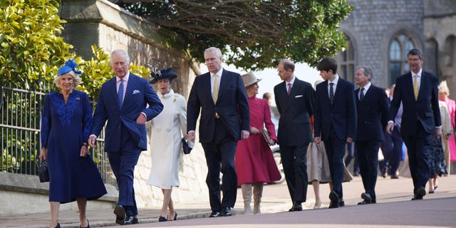 King Charles III and Camilla, Queen Consort lead members of the royal family as they attend the Easter Mattins Service at Windsor Castle on April 9, 2023, in Windsor, England.