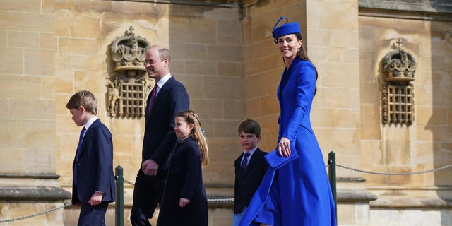 Prince George of Wales, Prince William, Prince of Wales, Princess Charlotte of Wales, Prince Louis of Wales and Catharine, Princess of Wales attend the Easter Mattins Service at Windsor Castle on April 9, 2023, in Windsor, England.