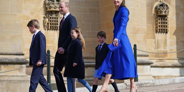 Prince George of Wales, Prince William, Prince of Wales, Princess Charlotte of Wales, Prince Louis of Wales and Catharine, Princess of Wales attend the Easter Mattins Service at Windsor Castle on April 9, 2023, in Windsor, England.