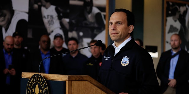 Louisville Mayor Craig Greenberg speaks during a news conference after a gunman opened fire at the Old National Bank building on April 10, 2023.