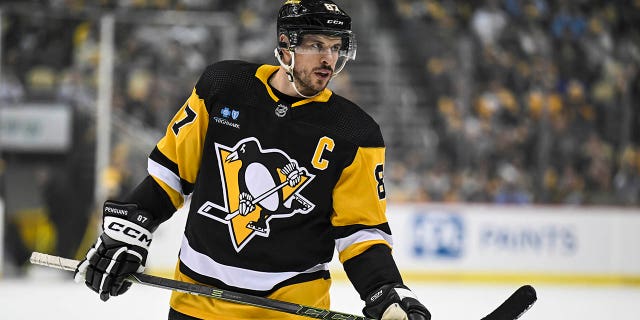 Penguins center Sidney Crosby during the Chicago Blackhawks game on April 11, 2023, at PPG Paints Arena in Pittsburgh.
