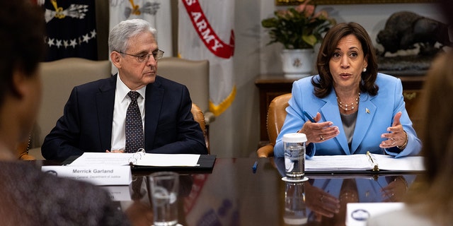 Vice President Kamala Harris speaks during a Task Force on Reproductive Health Care Access meeting with Merrick Garland, U.S. attorney general, left, in the Roosevelt Room of the White House in Washington, D.C., Wednesday.