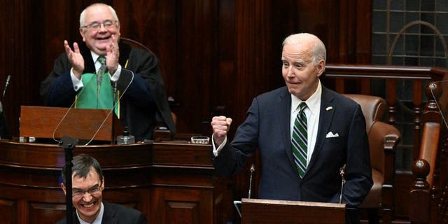 US President Joe Biden addresses the Houses of the Oireachtas at Leinster House in Dublin, Ireland, on April 13, 2023.