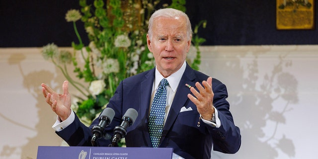 In this handout image provided by the Irish Government, US President Joe Biden speaks at the official banquet dinner at Dublin Castle on April 13, 2023 in Dublin, Ireland. 