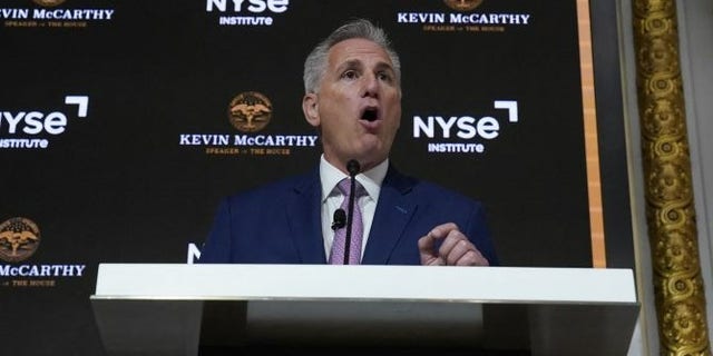 House Speaker Kevin McCarthy delivers a speech on the economy at the New York Stock Exchange on April 17, 2023.