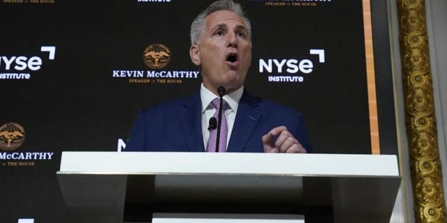 US House Speaker Kevin McCarthy delivers a speech on the econony at the New York Stock Exchange (NYSE) in New York on April 17, 2023. (Photo by TIMOTHY A. CLARY / AFP) (Photo by TIMOTHY A. CLARY/AFP via Getty Images)