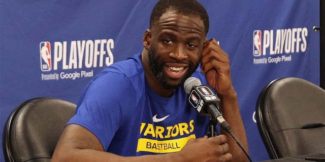 Draymond Green #23 of the Golden State Warriors talks to the media after the game against the Sacramento Kings during Round One Game One of the 2023 NBA Playoffs on April 15, 2023 at Golden 1 Center in Sacramento, California.