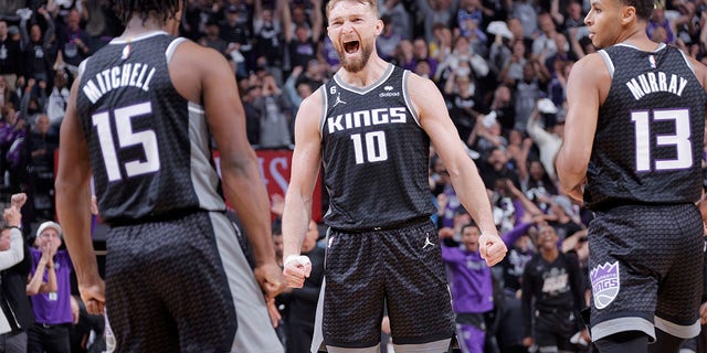 Domantas Sabonis (10) of the Sacramento Kings reacts against the Golden State Warriors during Game 2 of the first round of the 2023 NBA Playoffs April 17, 2023, at Golden 1 Center in Sacramento, Calif. 
