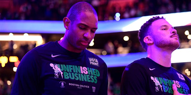 Al Horford during the playing of the National Anthem