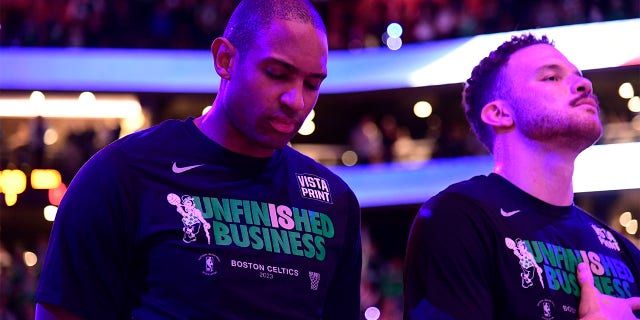 Al Horford during the playing of the National Anthem