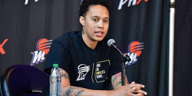 Brittney Griner speaks to the media