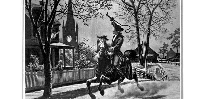American silversmith, engraver and Revolutionary patriot Paul Revere (1735-1818) rides to warn the people of Massachusetts that the British troops were advancing by boat, April 1775. He reached Lexington to warn minutemen there before being stopped by the British on the way to Concord. 