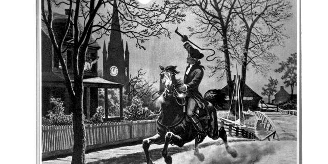 American silversmith, engraver and Revolutionary patriot Paul Revere (1735-1818) rides to warn the people of Massachusetts that the British troops were advancing by boat, April 1775. He reached Lexington to warn minutemen there before being stopped by the British on the way to Concord.