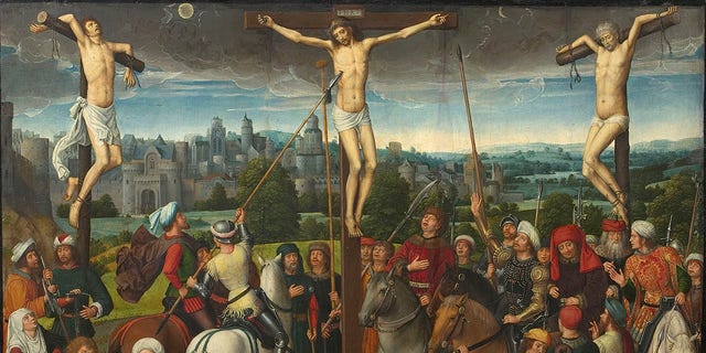 The photograph of three New York City skyscrapers illuminated with crosses on Good Friday 1956 reminds many of the crucifixion of Jesus and two thieves at Mount Calvary. Calvary Triptych, central panel, 1480s. Found in the collection of Szepmuveszeti Muzeum, Budapest. Artist Memling, Hans.  
