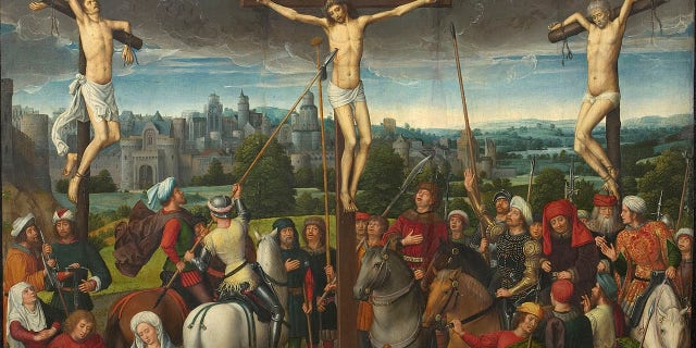 The photograph of three New York City skyscrapers illuminated with crosses on Good Friday 1956 reminds many of the crucifixion of Jesus and two thieves at Mount Calvary. Calvary Triptych, central panel, 1480s. Found in the collection of Szepmuveszeti Muzeum, Budapest. Artist Memling, Hans.