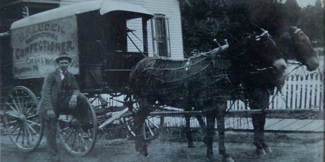 A copy of a photo of a Luden's wagon taken on Jan. 29, 2007. Original photo from Frederick Edenharter, of Shillington, Pennsylvania, grandson of the founder of Luden's Inc., William H. Luden. Robert Strohecker, who sold Luden products throughout the region and popularized the chocolate Easter bunny in America, traveled in a similar wagon (man in photo not identified).