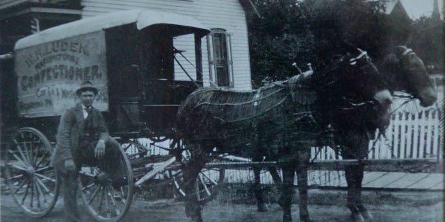 A copy of a photo of a Luden's wagon taken on Jan. 29, 2007. Original photo from Frederick Edenharter, of Shillington, Pennsylvania, grandson of the founder of Luden's Inc., William H. Luden. Robert Strohecker, who sold Luden products throughout the region and popularized the chocolate Easter bunny in America, traveled in a similar wagon (man in photo not identified).