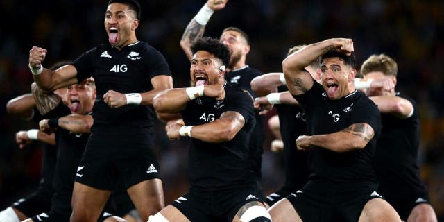 Ardie Savea and the All Blacks perform the haka ahead of The Rugby Championship match between the Argentina Pumas and the New Zealand All Blacks at Suncorp Stadium on Sept. 18, 2021 in Brisbane, Australia.