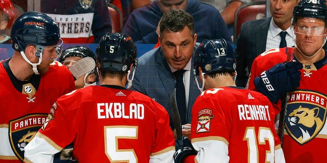 Andrew Brunette speaks to players on the bench during a Panthers game