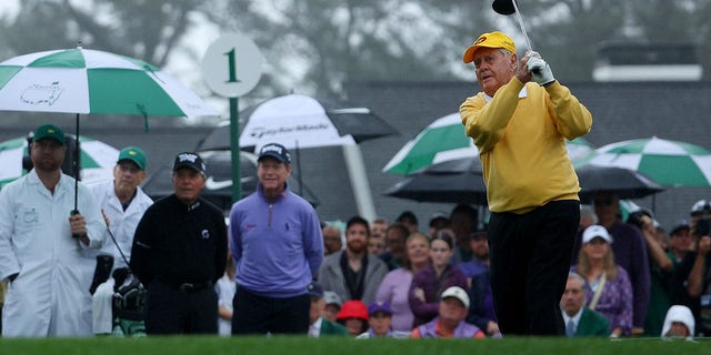 Honorary starter and six-time Masters champion Jack Nicklaus plays his opening tee shot from the first tee during the opening ceremony prior to the start of the first round of the Masters at Augusta National Golf Club on April 7, 2022 in Augusta, Georgia. Nicklaus has been a ceremonial starter at The Masters each year since 2010.