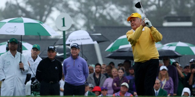 Honorary starter and six-time Masters champion Jack Nicklaus plays his opening tee shot from the first tee during the opening ceremony prior to the start of the first round of the Masters at Augusta National Golf Club on April 7, 2022 in Augusta, Georgia. Nicklaus has been a ceremonial starter at The Masters each year since 2010.