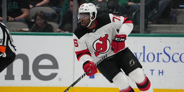 PK Subban of the New Jersey Devils handles the puck against the Stars at the American Airlines Center on April 9, 2022 in Dallas, Texas.
