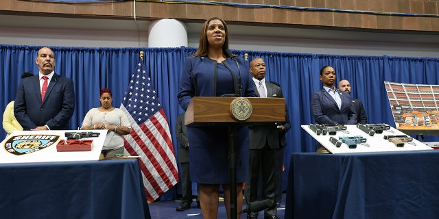 New York Attorney General Letitia James joined New York City Mayor Eric Adams during a news conference to announce a lawsuit against "ghost gun" distributors June 29, 2022. James' office announced a statewide gun buyback for April 29.