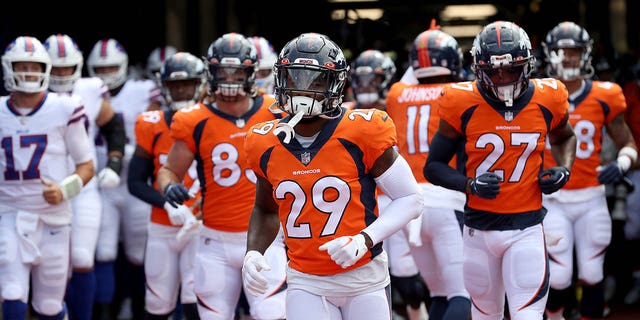 Faion Hicks #29 of the Denver Broncos runs to the field prior to a preseason game against the Buffalo Bills at Highmark Stadium on August 20, 2022 in Orchard Park, New York. 