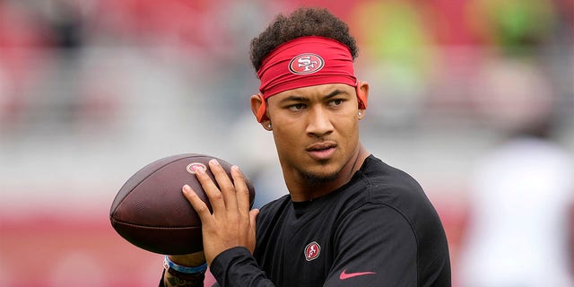 Trey Lance, #5 of the San Francisco 49ers, warms up before the game against the Seattle Seahawks at Levi's Stadium on September 18, 2022 in Santa Clara, California.