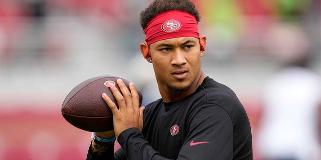 Trey Lance, #5 of the San Francisco 49ers, warms up before the game against the Seattle Seahawks at Levi's Stadium on September 18, 2022 in Santa Clara, California.