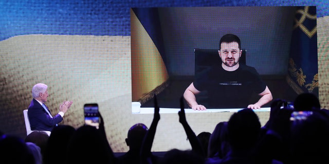 Former U.S. President Bill Clinton speaks with Ukrainian President Volodymyr Zelensky via a video link from Ukraine during the Clinton Global Initiative (CGI) 2022 Meeting on September 20, 2022, in New York City. 