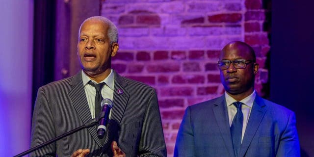 Rep. Hank Johnson (left) and Rep. Jamal Bowman attend a panel on rap and evidence rules in Washington, D.C., Sept. 29, 2022. 