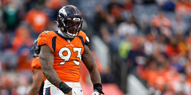 Dre'Mont Jones #93 of the Denver Broncos reacts during an NFL football game between the Denver Broncos and the New York Jets at Empower Field At Mile High on October 23, 2022 in Denver, Colorado. 