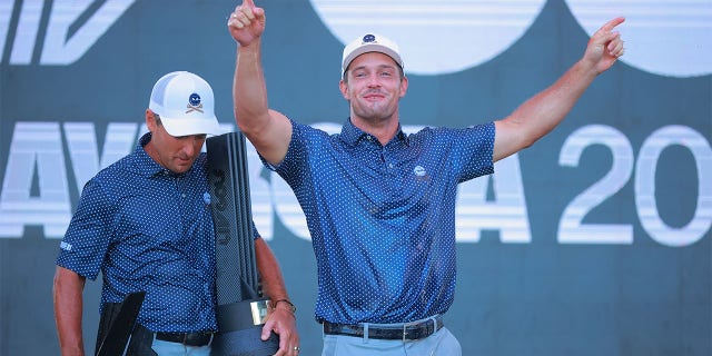 Crushers GC's Bryson DeChambeau celebrates after winning the team award during the LIV Golf Invitational - Mayakoba on February 26, 2023 in Playa del Carmen, Mexico.