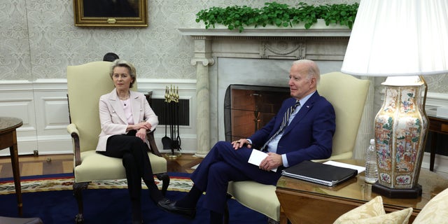 President Biden, right, meets with President of European Commission Ursula von der Leyen during a bilateral meeting in the Oval Office of the White House on March 10, 2023 in Washington, D.C.