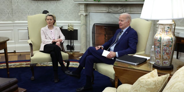 La Unión Europea busca regular la inteligencia artificial, convocando una cumbre sobre tecnología emergente mientras los trabajadores europeos temen perder sus empleos 4 El presidente Biden, a la derecha, se reúne con la presidenta de la Comisión Europea, Ursula von der Leyen, durante una reunión bilateral en la Oficina Oval de la Casa Blanca el 10 de marzo de 2023 en Washington, DC.