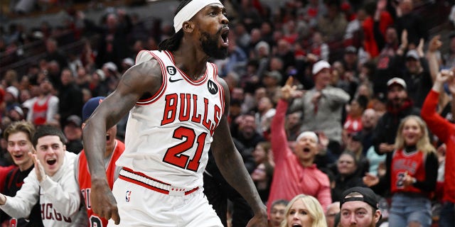 Patrick Beverley of the Chicago Bulls reacts after scoring a 3-point basket against the Miami Heat during the first half at United Center March 18, 2023, in Chicago.