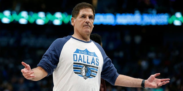 Dallas Mavericks owner Mark Cuban reacts during a timeout in the game against the Golden State Warriors at American Airlines Center in Dallas on March 22, 2023.