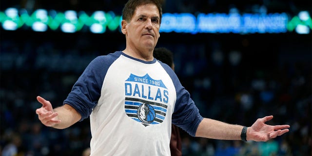 Dallas Mavericks owner Mark Cuban reacts during a timeout in the game against the Golden State Warriors at American Airlines Center on March 22, 2023, in Dallas, Texas.