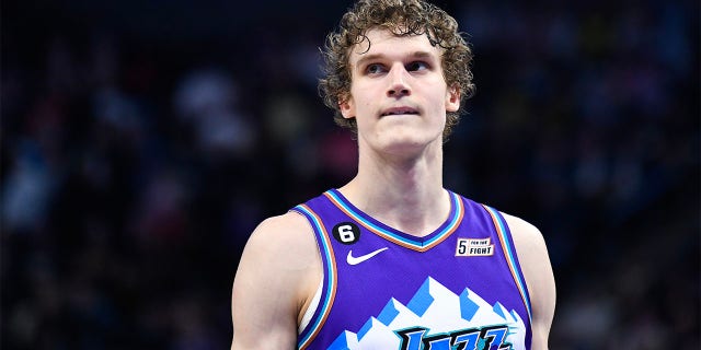Lauri Markkanen, #23 of the Utah Jazz in action during the second half of a game against the Phoenix Suns at Vivint Arena on March 27, 2023, in Salt Lake City, Utah.