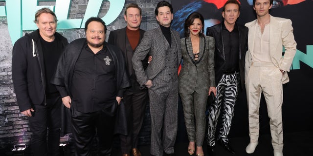 From left to right, Chris McKay, Adrian Martinez, Brandon Scott, Ben Schwartz, Shohreh Aghdashloo, Nicolas Cage and Nicholas Hoult attend the Universal Pictures' "Renfield" New York Premiere.