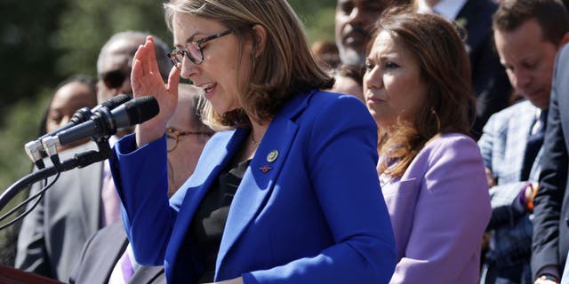 WASHINGTON, DC - MARCH 29: U.S. Rep. Hillary Scholten (D-MI) speaks as House Democrats gather for an event on gun violence at the East Front of the U.S. Capitol on March 29, 2023, in Washington, D.C. House Democrats addressed gun violence after a shooter opened fire killing three nine-year-old students and three adults at The Covenant School in Nashville, Tennessee on March 27, 2023.
