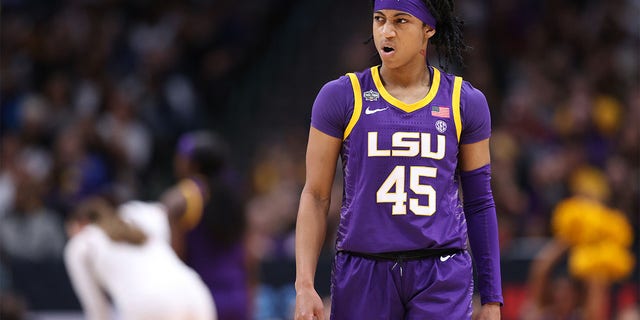 Alexis Morris of LSU reacts during the fourth quarter against the Virginia Tech Hokies during the 2023 NCAA Tournament Final Four at American Airlines Center March 31, 2023, in Dallas, Texas. 