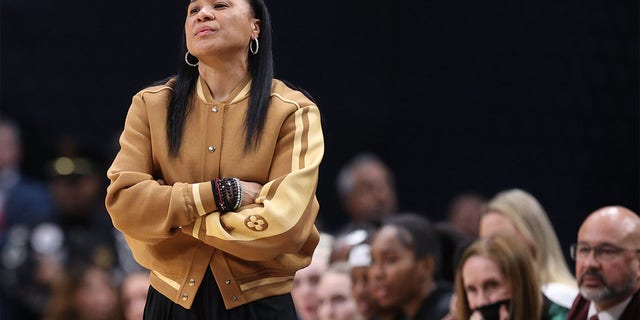 Head coach Dawn Staley of the South Carolina Gamecocks during the first quarter against the Iowa Hawkeyes during a 2023 NCAA Tournament Final Four game at American Airlines Center March 31, 2023, in Dallas, Texas. 