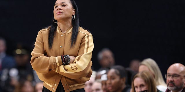 Head coach Dawn Staley of the South Carolina Gamecocks during the first quarter against the Iowa Hawkeyes during a 2023 NCAA Tournament Final Four game at American Airlines Center on March 31, 2023, in Dallas, Texas. 