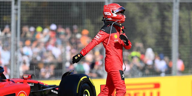 Charles Leclerc of Monaco and Ferrari climbs from his car after retiring from the race during the F1 Grand Prix of Australia at Albert Park Grand Prix Circuit on April 2, 2023, in Melbourne, Australia. 