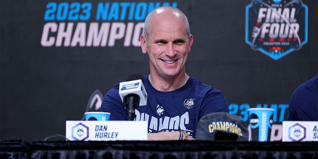 Connecticut's head coach Dan Hurley talks to the media after his team beat the San Diego State Aztecs to win the NCAA national championship on April 3, 2023, in Houston.