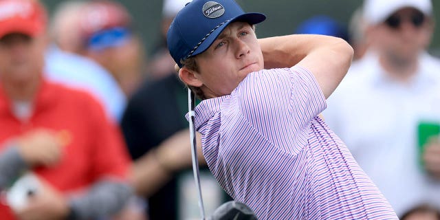 Gordon Sargent of The United States plays his tee shot on the eighth hole during practice prior to the 2023 Masters Tournament at Augusta National Golf Club on April 04, 2023 in Augusta, Georgia.