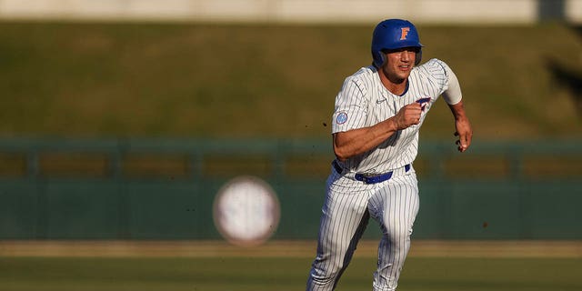 Jac Caglianone #14 of the Florida Gators runs to third base during a game against the Bethune-Cookman Wildcats at Condron Family Ballpark on April 4, 2023 in Gainesville, Florida. 