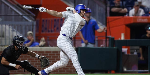 Jac Caglianone #14 of the Florida Gators hits during a game against the Bethune-Cookman Wildcats at Condron Family Ballpark on April 04, 2023 in Gainesville, Florida. 